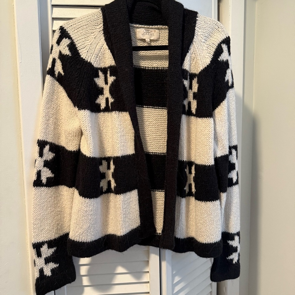 THE GREAT. Black and White Bow-Patterned Cardigan